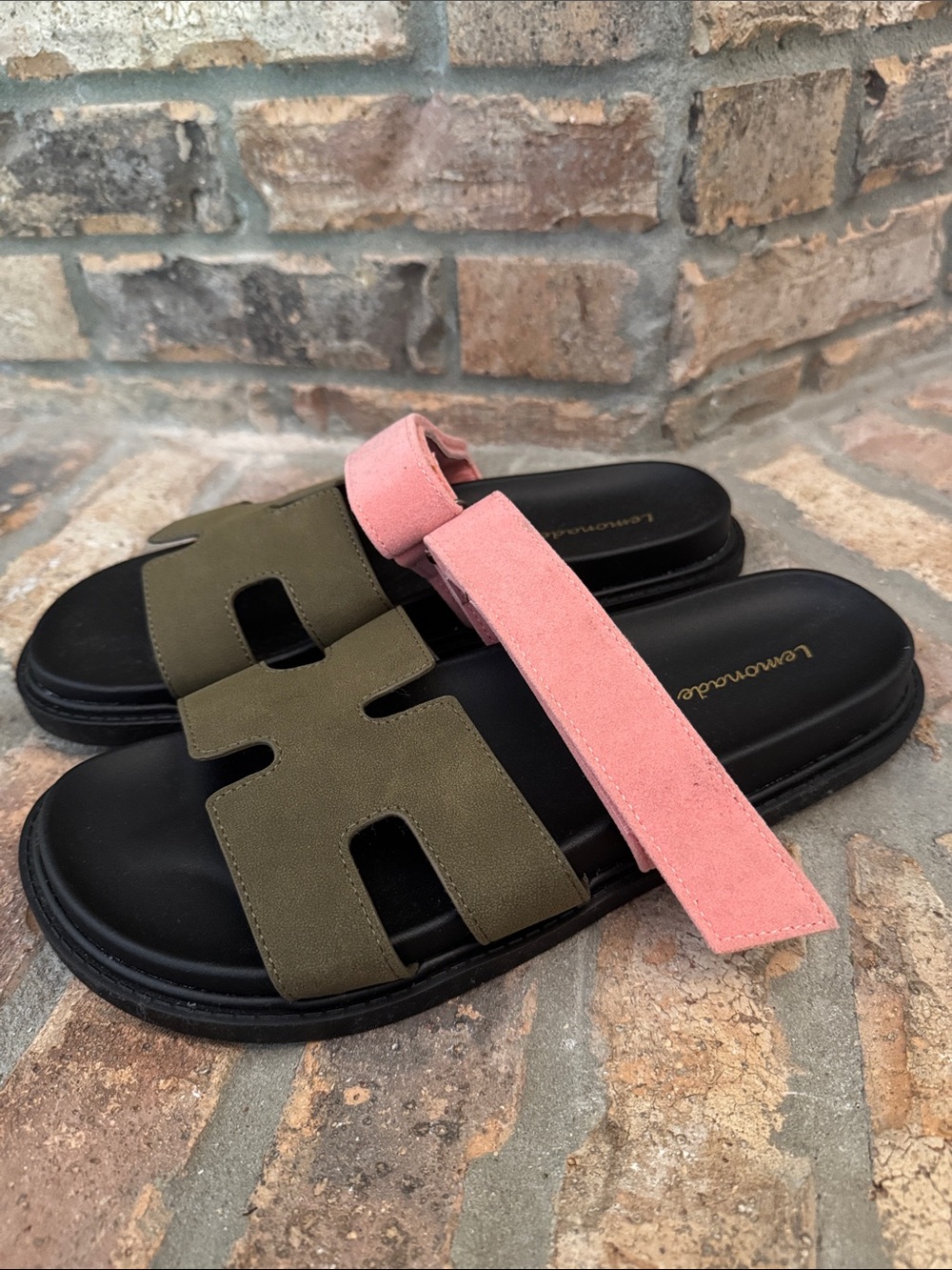 LEMONADE VALERIE Women's Olive and Pink Suede Slide Sandals - Size 10